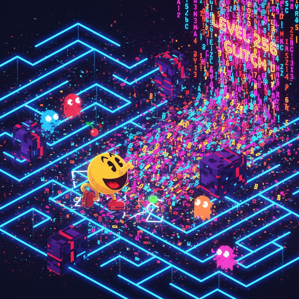 Pac-Man runs through a neon-lit maze while a digital glitch effect cascades from the top of the screen.