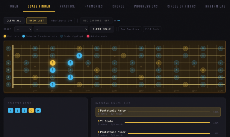 Guitar Super App Scale Finder showing selected notes on a guitar fretboard and matching scales.
