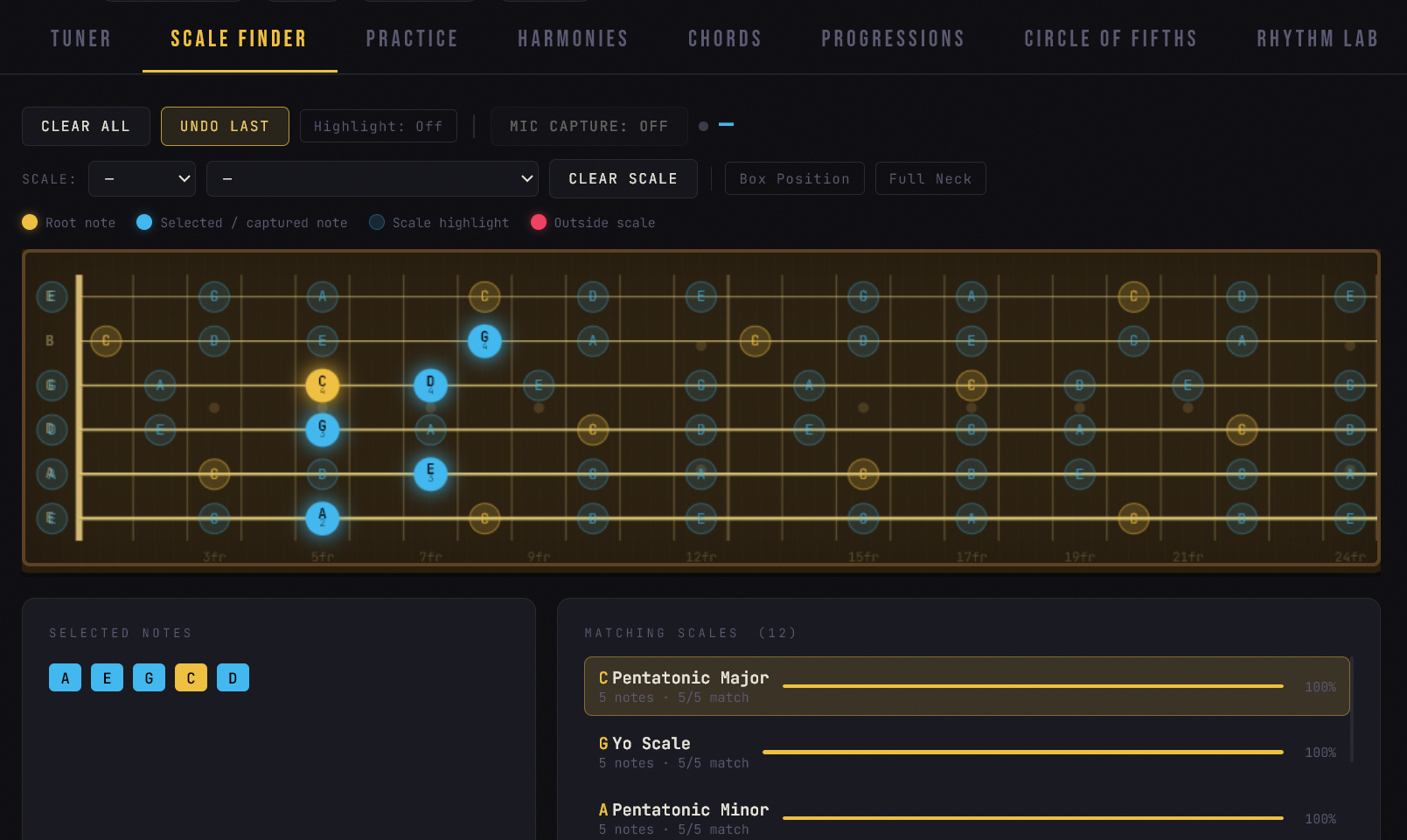 Guitar Super App Scale Finder showing selected notes on a guitar fretboard and matching scales.